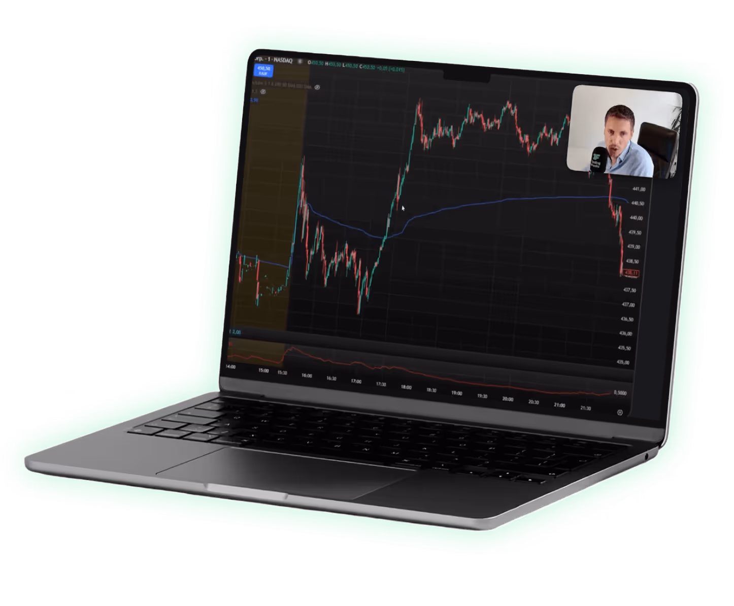 Laptop mit Handelsdiagramm und Videokonferenz; Kursverlauf auf schwarzem Bildschirm mit leuchtendem Rand.